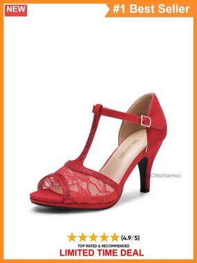 Women's Open Toe Kitten Heel Sandals with Lacey Design and Adjustable T-Strap
